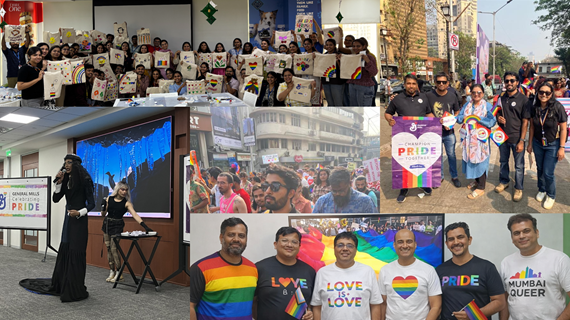 A collage of photos showcasing various Pride-themed events and celebrations. The images include large groups of people holding decorated tote bags with rainbow designs in an indoor workshop setting; participants standing together outdoors during Pride marches carrying rainbow flags, placards, and organizational banners; individuals wearing colorful Pride-themed T‑shirts with slogans such as “LOVE IS LOVE,” “PRIDE,” and “MUMBAI QUEER”; and a stage performance where a performer in a long black outfit stands beside another person operating equipment. The overall collage highlights LGBTQIA+ Pride activities, community engagement, and vibrant rainbow-themed decorations.